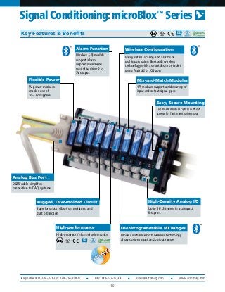 Telephone: 877-214-6267 or 248-295-0880 ■ Fax: 248-624-9234 ■ sales@acromag.com ■ www.acromag.com
Key Features & Benefits
DB25 cable simplifies
connection to DAQ systems
175 modules support a wide variety of
input and output signal types
5V power modules
enables use of
10-32V supplies
Flexible Power
User-Programmable I/O Ranges
Models with Bluetooth wireless technology
allow custom input and output ranges
Easily set I/O scaling and alarms or
poll inputs using Bluetooth wireless
technology with a smartphone or tablet
using Android or iOS app.
Wireless (-B) models
support alarm
setpoint/deadband
control to drive 0 or
5V output
Alarm Function
Superior shock, vibration, moisture, and
dust protection
Rugged, Over-molded Circuit
High-accuracy / high noise immunity
High-performance
-40to80˚C
-40to80˚C
Mix-and-Match Modules
High-Density Analog I/O
Up to 16 channels in a compact
footprint
Wireless Configuration
Easy, Secure Mounting
Clip holds module tightly without
screws for fast insertion/removal
Analog Bus Port
Signal Conditioning:microBlox™
Series
– 10 –
 
