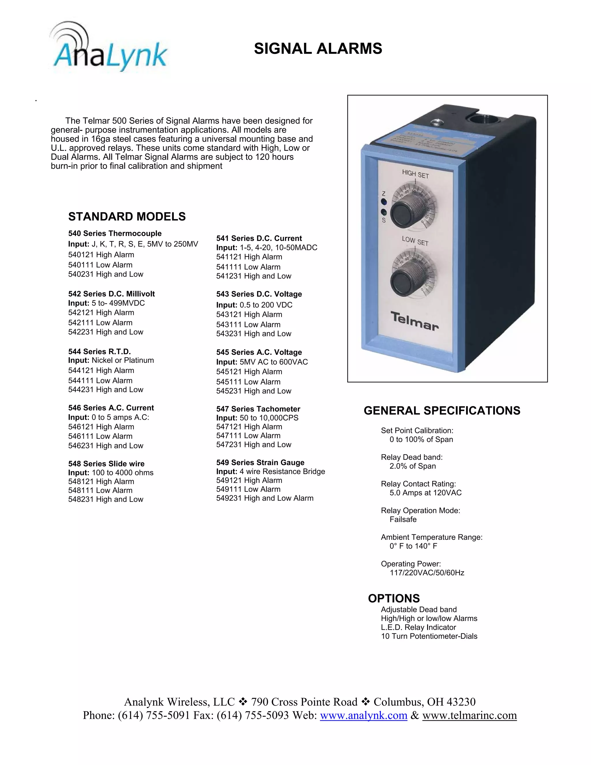 Analynk Wireless, LLC 790 Cross Pointe Road Columbus, OH 43230
Phone: (614) 755-5091 Fax: (614) 755-5093 Web: www.analynk.com & www.telmarinc.com
.
SIGNAL ALARMS
The Telmar 500 Series of Signal Alarms have been designed for
general- purpose instrumentation applications. All models are
housed in 16ga steel cases featuring a universal mounting base and
U.L. approved relays. These units come standard with High, Low or
Dual Alarms. All Telmar Signal Alarms are subject to 120 hours
burn-in prior to final calibration and shipment
STANDARD MODELS
540 Series Thermocouple
Input: J, K, T, R, S, E, 5MV to 250MV
540121 High Alarm
540111 Low Alarm
540231 High and Low
542 Series D.C. Millivolt
Input: 5 to- 499MVDC
542121 High Alarm
542111 Low Alarm
542231 High and Low
544 Series R.T.D.
Input: Nickel or Platinum
544121 High Alarm
544111 Low Alarm
544231 High and Low
546 Series A.C. Current
Input: 0 to 5 amps A.C:
546121 High Alarm
546111 Low Alarm
546231 High and Low
548 Series Slide wire
Input: 100 to 4000 ohms
548121 High Alarm
548111 Low Alarm
548231 High and Low
GENERAL SPECIFICATIONS
Set Point Calibration:
0 to 100% of Span
Relay Dead band:
2.0% of Span
Relay Contact Rating:
5.0 Amps at 120VAC
Relay Operation Mode:
Failsafe
Ambient Temperature Range:
0° F to 140° F
Operating Power:
117/220VAC/50/60Hz
OPTIONS
Adjustable Dead band
High/High or low/low Alarms
L.E.D. Relay Indicator
10 Turn Potentiometer-Dials
541 Series D.C. Current
Input: 1-5, 4-20, 10-50MADC
541121 High Alarm
541111 Low Alarm
541231 High and Low
543 Series D.C. Voltage
Input: 0.5 to 200 VDC
543121 High Alarm
543111 Low Alarm
543231 High and Low
545 Series A.C. Voltage
Input: 5MV AC to 600VAC
545121 High Alarm
545111 Low Alarm
545231 High and Low
547 Series Tachometer
Input: 50 to 10,000CPS
547121 High Alarm
547111 Low Alarm
547231 High and Low
549 Series Strain Gauge
Input: 4 wire Resistance Bridge
549121 High Alarm
549111 Low Alarm
549231 High and Low Alarm
 