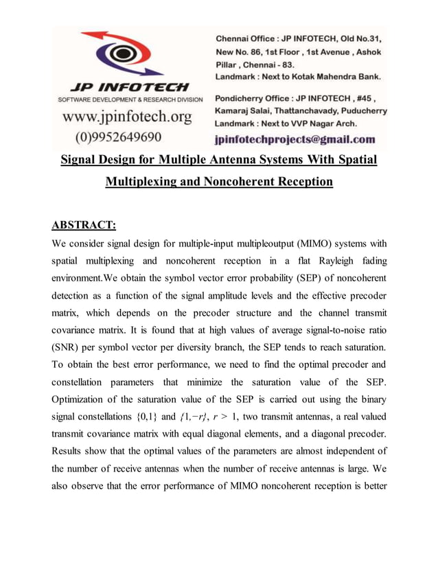 Signal design for multiple antenna systems with spatial multiplexing