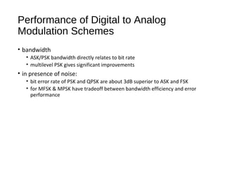 Performance of Digital to Analog
Modulation Schemes
• bandwidth
• ASK/PSK bandwidth directly relates to bit rate
• multilevel PSK gives significant improvements
• in presence of noise:
• bit error rate of PSK and QPSK are about 3dB superior to ASK and FSK
• for MFSK & MPSK have tradeoff between bandwidth efficiency and error
performance
 