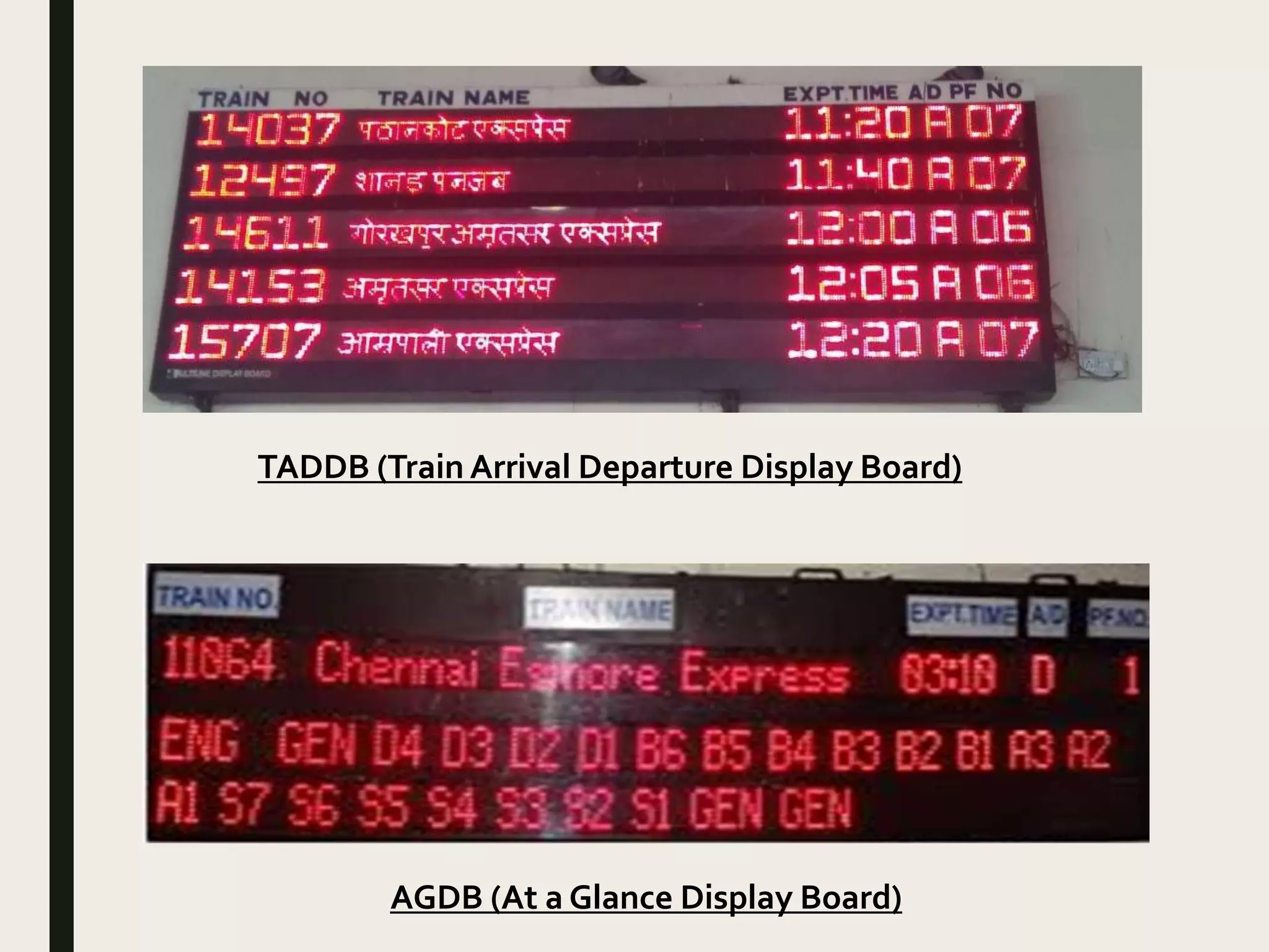 TADDB (Train Arrival Departure Display Board)
AGDB (At a Glance Display Board)
 