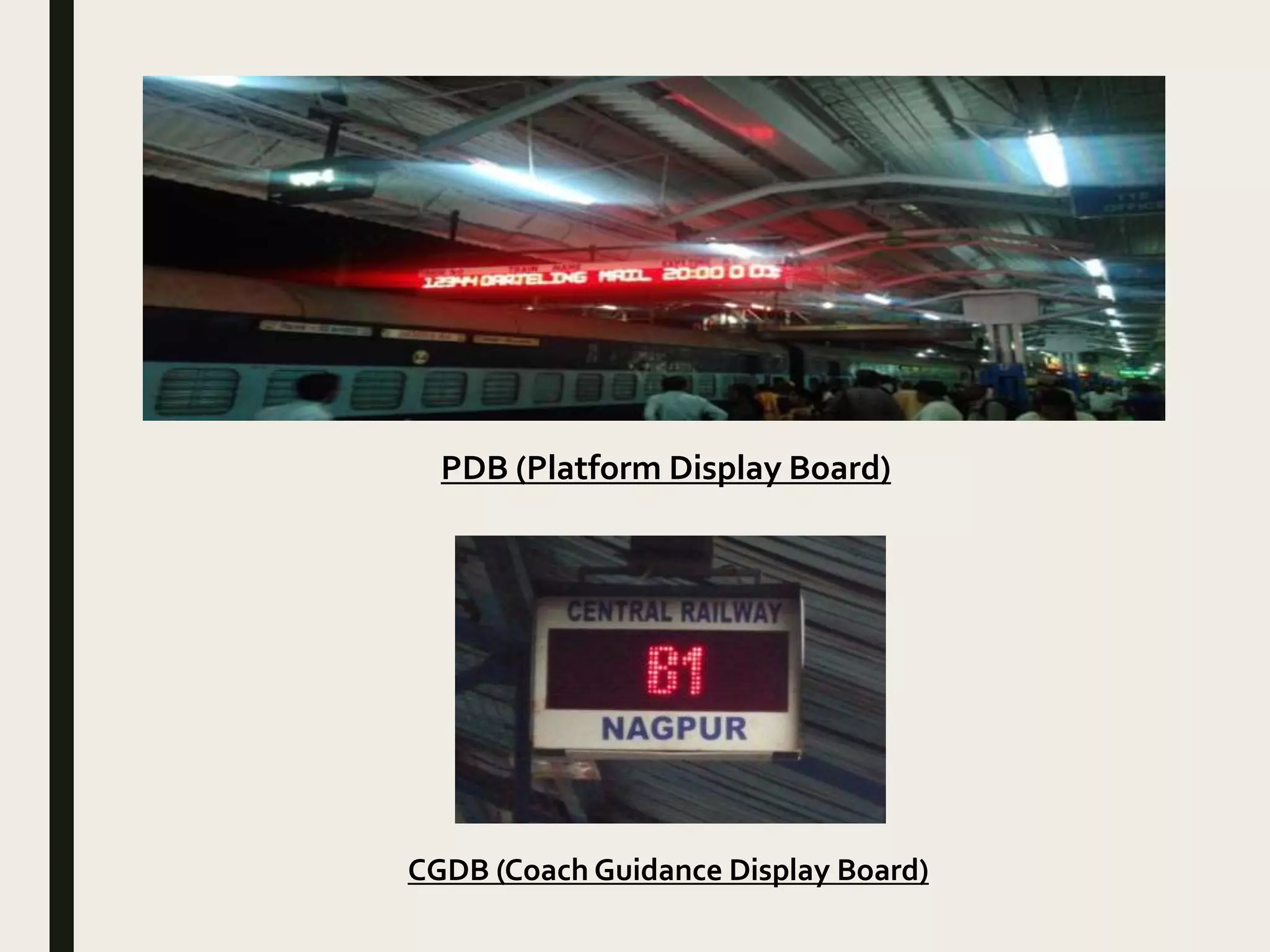 CGDB (Coach Guidance Display Board)
PDB (Platform Display Board)
 