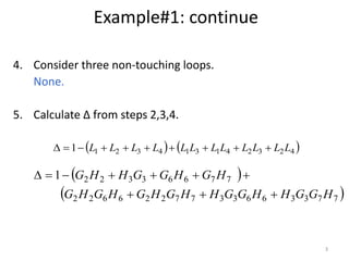 4. Consider three non-touching loops.
None.
5. Calculate Δ from steps 2,3,4.
   4232413143211 LLLLLLLLLLLL 
3
 
 7733663377226622
776633221
HGGHHGGHHGHGHGHG
HGHGGHHG


Example#1: continue
 