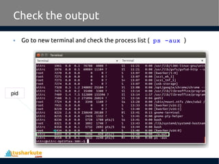 • Go to new terminal and check the process list ( ps -aux )
Check the output
pid
 