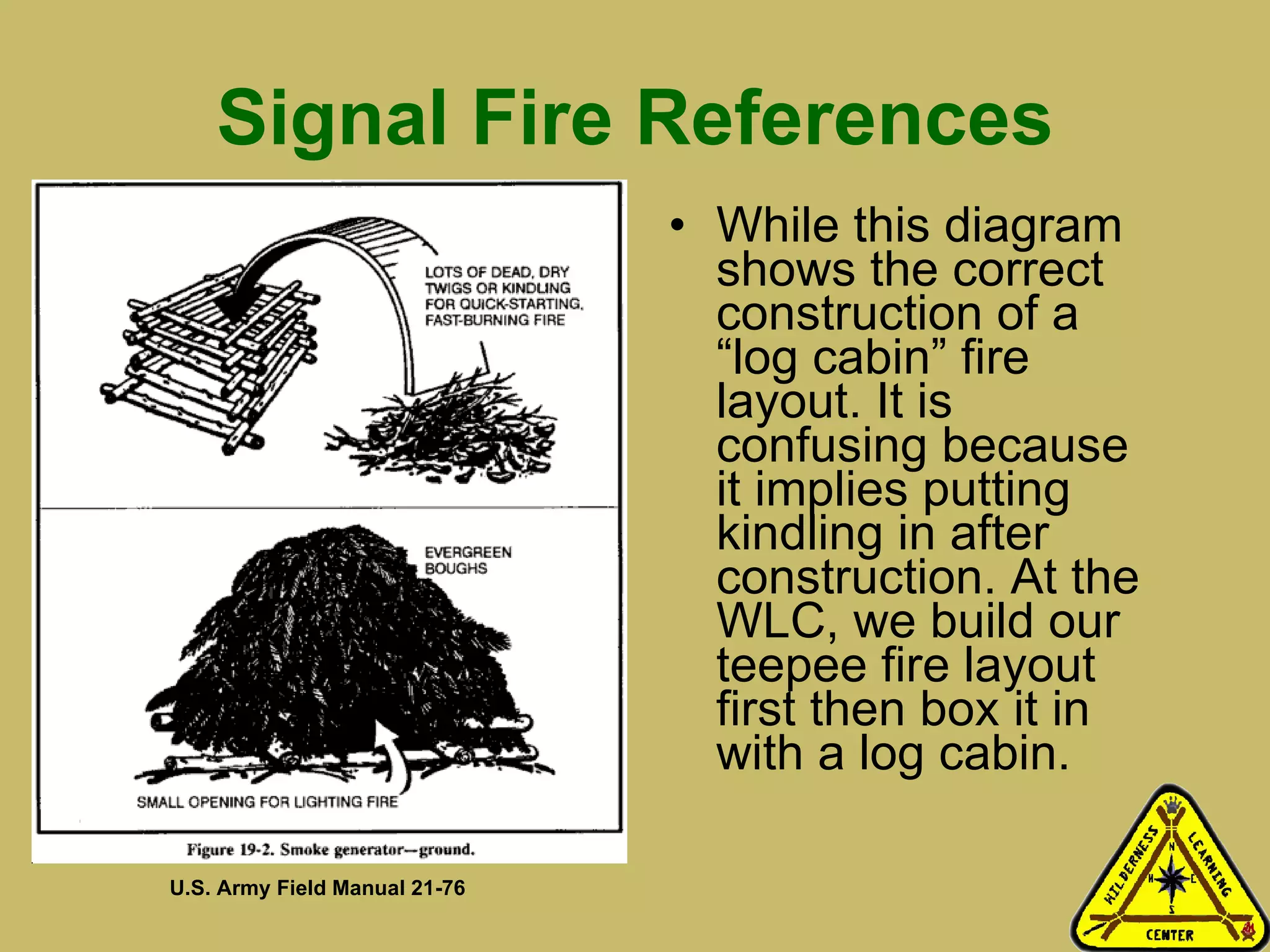 Signal Fire References While this diagram shows the correct construction of a “log cabin” fire layout. It is confusing because it implies putting kindling in after construction. At the WLC, we build our teepee fire layout first then box it in with a log cabin.  U.S. Army Field Manual 21-76 