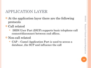 APPLICATION LAYER




                                                                 03/16/12
 At the application layer there are the following
  protocols




                                                                Tinniam V Ganesh tvganesh.85@gmail.com
 Call related
        ISDN User Part (ISUP) supports basic telephone call
        connect/disconnect between end offices.
   Non-call related
       CAP – Camel Application Part is used to access a
        database ,the SCP and influence the call




                                                               20
 