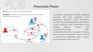 Pencurian Pesan
Sayangnya, meskipun memiliki segudang
manfaat, SS7 juga memiliki celah
keamanan internal. Celah keamanan
tersebut, dapat dimanfaatkan oleh peretas
untuk mencegat suatu komunikasi yang
sedang terjadi. Peretas bisa
mengirim/menerima SMS,
melakukan/menerima panggilan telepon,
hanya dengan mengetahui nomor telepon
si korban yang dijadikan target, dengan
memanfaatkan celah pada SS7.
 