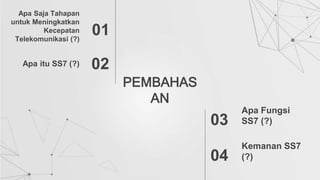 PEMBAHAS
AN
Apa Saja Tahapan
untuk Meningkatkan
Kecepatan
Telekomunikasi (?)
Apa itu SS7 (?)
01
02
03
04
Apa Fungsi
SS7 (?)
Kemanan SS7
(?)
 