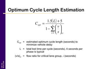 CEE320
Winter2006
Optimum Cycle Length Estimation
( )
∑=






−
+
= n
i ci
opt
s
v
L
C
1
1
55.1
Copt = estimated optimum cycle length (seconds) to
minimize vehicle delay
L = total lost time per cycle (seconds), 4 seconds per
phase is typical
(v/s)ci = flow ratio for critical lane group, i (seconds)
 