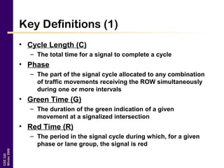 CEE320
Winter2006
Key Definitions (1)
• Cycle Length (C)
– The total time for a signal to complete a cycle
• Phase
– The part of the signal cycle allocated to any combination
of traffic movements receiving the ROW simultaneously
during one or more intervals
• Green Time (G)
– The duration of the green indication of a given
movement at a signalized intersection
• Red Time (R)
– The period in the signal cycle during which, for a given
phase or lane group, the signal is red
 