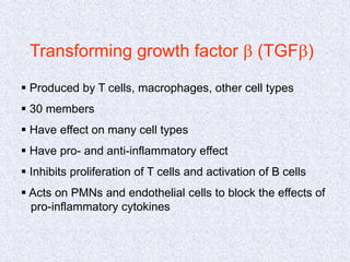 Transforming growth factor b (TGFb)
 Produced by T cells, macrophages, other cell types
 30 members
 Have effect on many cell types
 Have pro- and anti-inflammatory effect
 Inhibits proliferation of T cells and activation of B cells
 Acts on PMNs and endothelial cells to block the effects of
pro-inflammatory cytokines
 