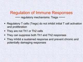 Regulation of Immune Responses
regulatory mechanisms: Tregs
 Regulatory T cells (Tregs) do not inhibit initial T cell activation
and proliferation
 They are not Th1 or Th2 cells
 They can suppress both Th1 and Th2 responses
 They inhibit a sustained response and prevent chronic and
potentially damaging responses
 
