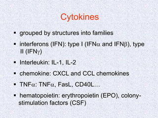 Cytokines
 grouped by structures into families
 interferons (IFN): type I (IFNa and IFNb), type
II (IFNg)
 Interleukin: IL-1, IL-2
 chemokine: CXCL and CCL chemokines
 TNFa: TNFa, FasL, CD40L…
 hematopoietin: erythropoietin (EPO), colony-
stimulation factors (CSF)
 