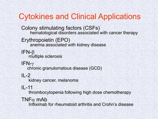 Colony stimulating factors (CSFs)
hematological disorders associated with cancer therapy
Erythropoietin (EPO)
anemia associated with kidney disease
IFN-b
multiple sclerosis
IFN-g
chronic granulomatous disease (GCD)
IL-2
kidney cancer, melanoma
IL-11
thrombocytopenia following high dose chemotherapy
TNFa mAb
Infliximab for rheumatoid arthritis and Crohn’s disease
Cytokines and Clinical Applications
 