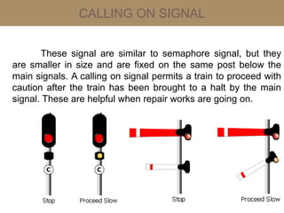 CALLING ON SIGNAL
These signal are similar to semaphore signal, but they
are smaller in size and are fixed on the same post below the
main signals. A calling on signal permits a train to proceed with
caution after the train has been brought to a halt by the main
signal. These are helpful when repair works are going on.
 