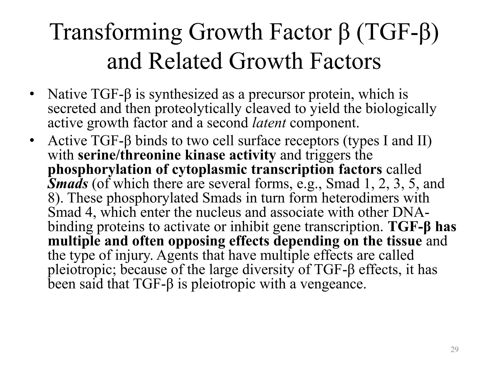 Transforming Growth Factor β (TGF-β)
and Related Growth Factors
• Native TGF-β is synthesized as a precursor protein, which is
secreted and then proteolytically cleaved to yield the biologically
active growth factor and a second latent component.
• Active TGF-β binds to two cell surface receptors (types I and II)
with serine/threonine kinase activity and triggers the
phosphorylation of cytoplasmic transcription factors called
Smads (of which there are several forms, e.g., Smad 1, 2, 3, 5, and
8). These phosphorylated Smads in turn form heterodimers with
Smad 4, which enter the nucleus and associate with other DNAbinding proteins to activate or inhibit gene transcription. TGF-β has
multiple and often opposing effects depending on the tissue and
the type of injury. Agents that have multiple effects are called
pleiotropic; because of the large diversity of TGF-β effects, it has
been said that TGF-β is pleiotropic with a vengeance.

29

 