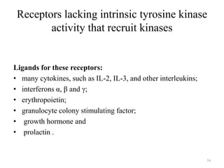 Receptors lacking intrinsic tyrosine kinase
activity that recruit kinases

Ligands for these receptors:
• many cytokines, such as IL-2, IL-3, and other interleukins;
• interferons α, β and γ;
• erythropoietin;
• granulocyte colony stimulating factor;
• growth hormone and
• prolactin .

34

 