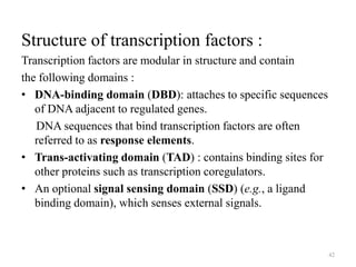 Structure of transcription factors :
Transcription factors are modular in structure and contain
the following domains :
• DNA-binding domain (DBD): attaches to specific sequences
of DNA adjacent to regulated genes.
DNA sequences that bind transcription factors are often
referred to as response elements.
• Trans-activating domain (TAD) : contains binding sites for
other proteins such as transcription coregulators.
• An optional signal sensing domain (SSD) (e.g., a ligand
binding domain), which senses external signals.

42

 