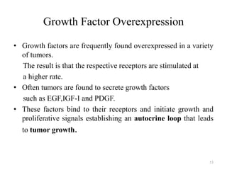 Growth Factor Overexpression
• Growth factors are frequently found overexpressed in a variety
of tumors.
The result is that the respective receptors are stimulated at
a higher rate.
• Often tumors are found to secrete growth factors
such as EGF,IGF-I and PDGF.
• These factors bind to their receptors and initiate growth and
proliferative signals establishing an autocrine loop that leads
to tumor growth.

53

 