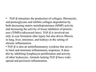 • TGF-β stimulates the production of collagen, fibronectin,
and proteoglycans and inhibits collagen degradation by
both decreasing matrix metalloproteinase (MMP) activity
and increasing the activity of tissue inhibitors of protein-
ases (TIMPs) (discussed later). TGF-β is involved not
only in scar formation after injury but also drives fibrosis
in lung, liver, intestines, and kidneys in the setting of
chronic inflammation.
• TGF-β is also an antiinflammatory cytokine that serves
to limit and terminate inflammatory responses. It does
this by inhibiting lymphocyte proliferation and activity
of other leukocytes. Animals lacking TGF-β have wide-
spread and persistent inflammation.
 