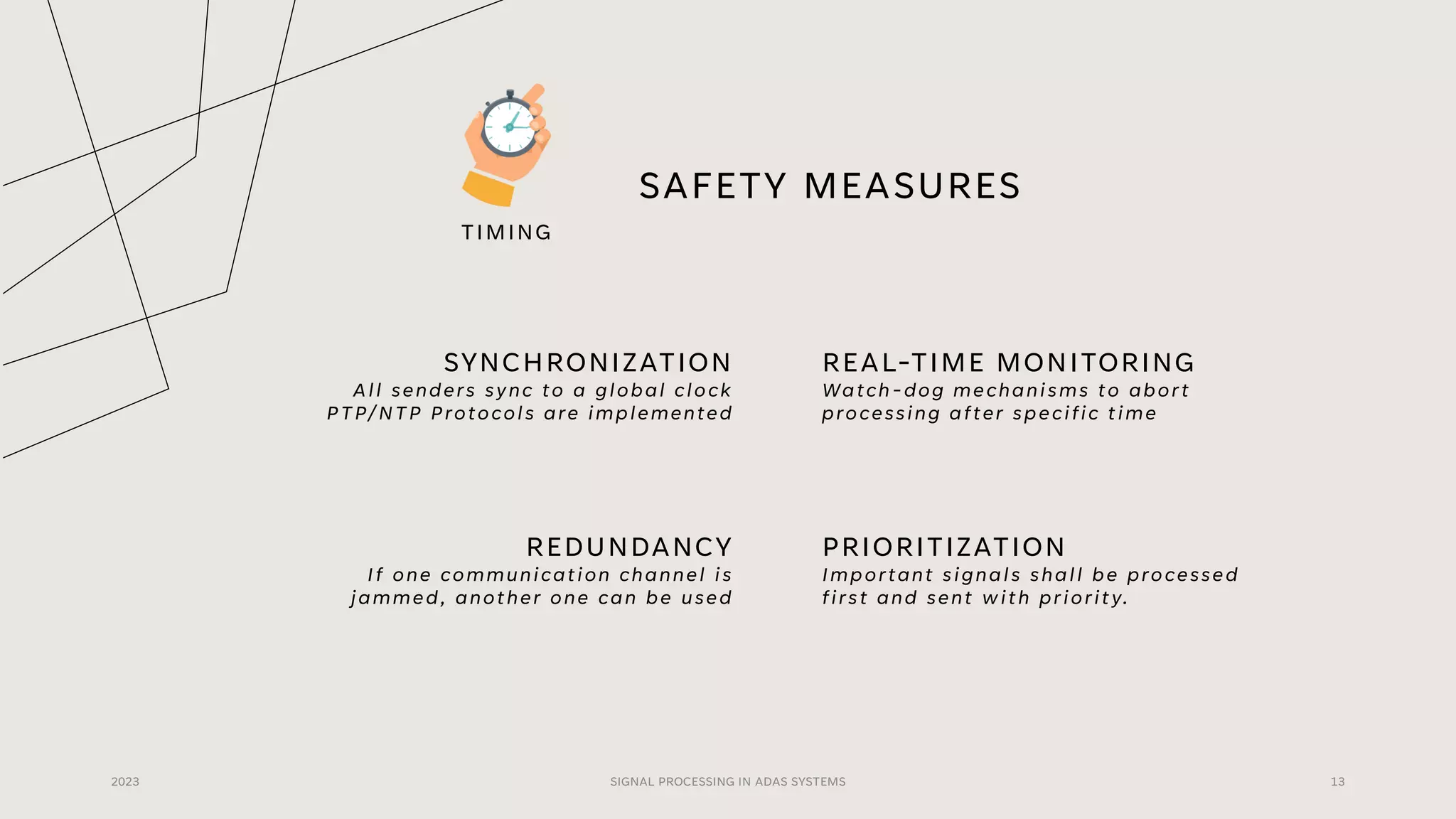 SAFETY MEASURES
SYNCHRONIZATION
All senders sync to a global clock
PTP/NTP Protocols are implemented
REAL-TIME MONITORING
Watch-dog mechanisms to abort
processing after specific time
2023 SIGNAL PROCESSING IN ADAS SYSTEMS 13
REDUNDANCY
If one communication channel is
jammed, another one can be used
PRIORITIZATION
Important signals shall be processed
first and sent with priority.
TIMING
 