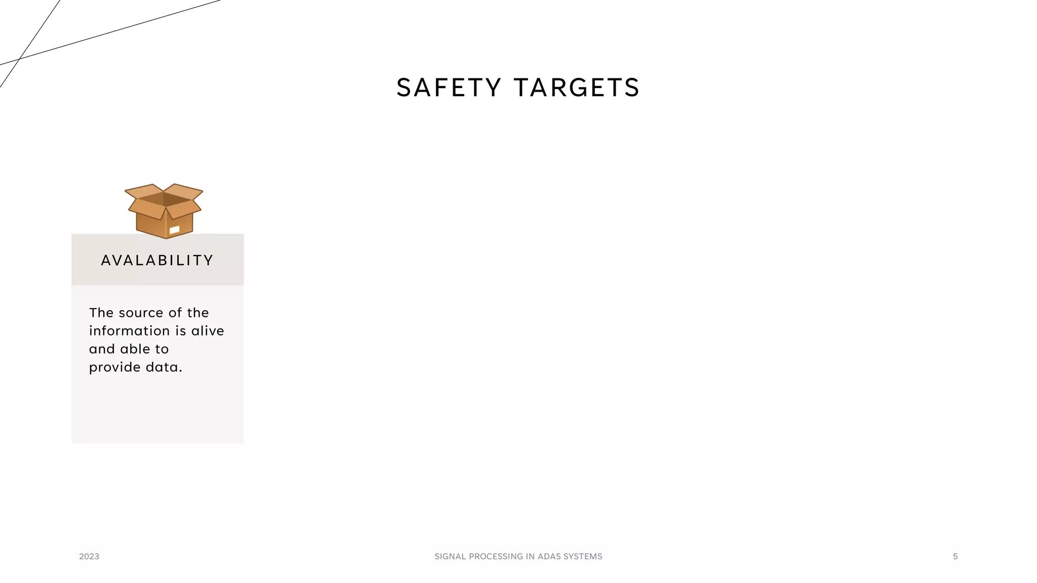 SAFETY TARGETS
2023 SIGNAL PROCESSING IN ADAS SYSTEMS 5
AVALABILITY
The source of the
information is alive
and able to
provide data.
 