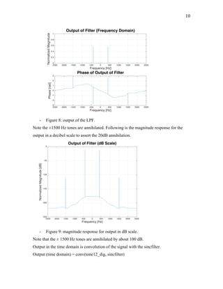 10	
- Figure 8: output of the LPF.
Note the ±1500 Hz tones are annihilated. Following is the magnitude response for the
output in a decibel scale to assert the 20dB annihilation.
- Figure 9: magnitude response for output in dB scale.
Note that the ± 1500 Hz tones are annihilated by about 100 dB.
Output in the time domain is convolution of the signal with the sincfilter.
Output (time domain) = conv(tone12_dig, sincfilter)
-2500 -2000 -1500 -1000 -500 0 500 1000 1500 2000 2500
Frequency [Hz]
0
0.2
0.4
0.6
0.8
1
NormalizedMagnitude
Output of Filter (Frequency Domain)
-2500 -2000 -1500 -1000 -500 0 500 1000 1500 2000 2500
Frequency [Hz]
-3
-2
-1
0
1
2
3
Phase[rad]
Phase of Output of Filter
-2500 -2000 -1500 -1000 -500 0 500 1000 1500 2000 2500
Frequency [Hz]
-250
-200
-150
-100
-50
0
NormalizedMagnitude[dB]
Output of Filter (dB Scale)
 