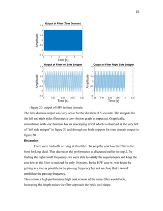 18	
- figure 20: output of HPF in time domain.
The time domain output was very dense for the duration of 5 seconds. The snippets for
the left and right sides illustrates a convolution graph as expected. Graphically,
convolution with sinc function has an enveloping effect which is observed at the very left
of “left side snippet” in figure 20 and through out both snippets for time domain output in
figure 20.
Discussion
There were tradeoffs arriving at this filter. To keep the cost low the filter is far
from looking ideal. That decreases the performance as discussed earlier in step 2. By
finding the right cutoff frequency, we were able to satisfy the requirements and keep the
cost low as the filter is realized for only 10 points. In the HPF case wc was found by
getting as close as possible to the passing frequency but not so close that it would
annihilate the passing frequency.
This is how a high performance high cost version of the same filter would look.
Increasing the length makes the filter approach the brick wall shape.
0 1 2 3 4 5
Time [s]
-1.5
-1
-0.5
0
0.5
1
1.5
Amplitude
Output of Filter (Time Domain)
0 0.01 0.02 0.03 0.04
Time [s]
-1.5
-1
-0.5
0
0.5
1
1.5
Amplitude
Output of Filter left Side Snippet
4.96 4.97 4.98 4.99 5 5.01
Time [s]
-1.5
-1
-0.5
0
0.5
1
1.5
Amplitude
Output of Filter Right Side Snippet
 