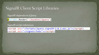 <script src="~/Scripts/jquery.signalR-2.0.2.min.js"></script>
<script src="~/signalr/hubs"></script>
@Scripts.Render("~/bundles/jquery")
SignalR depends on jQuery
SignalR script references
 