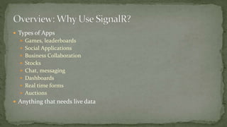  Types of Apps
 Games, leaderboards
 Social Applications
 Business Collaboration
 Stocks
 Chat, messaging
 Dashboards
 Real time forms
 Auctions
 Anything that needs live data
 