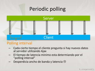 Periodic polling
– Cada cierto tiempo el cliente pregunta si hay nuevos datos
al servidor utilizando Ajax
– El tiempo de latencia minimo esta determiando por el
“polling interval”
– Desperdicia ancho de banda y latencia 
Polling interval
 
