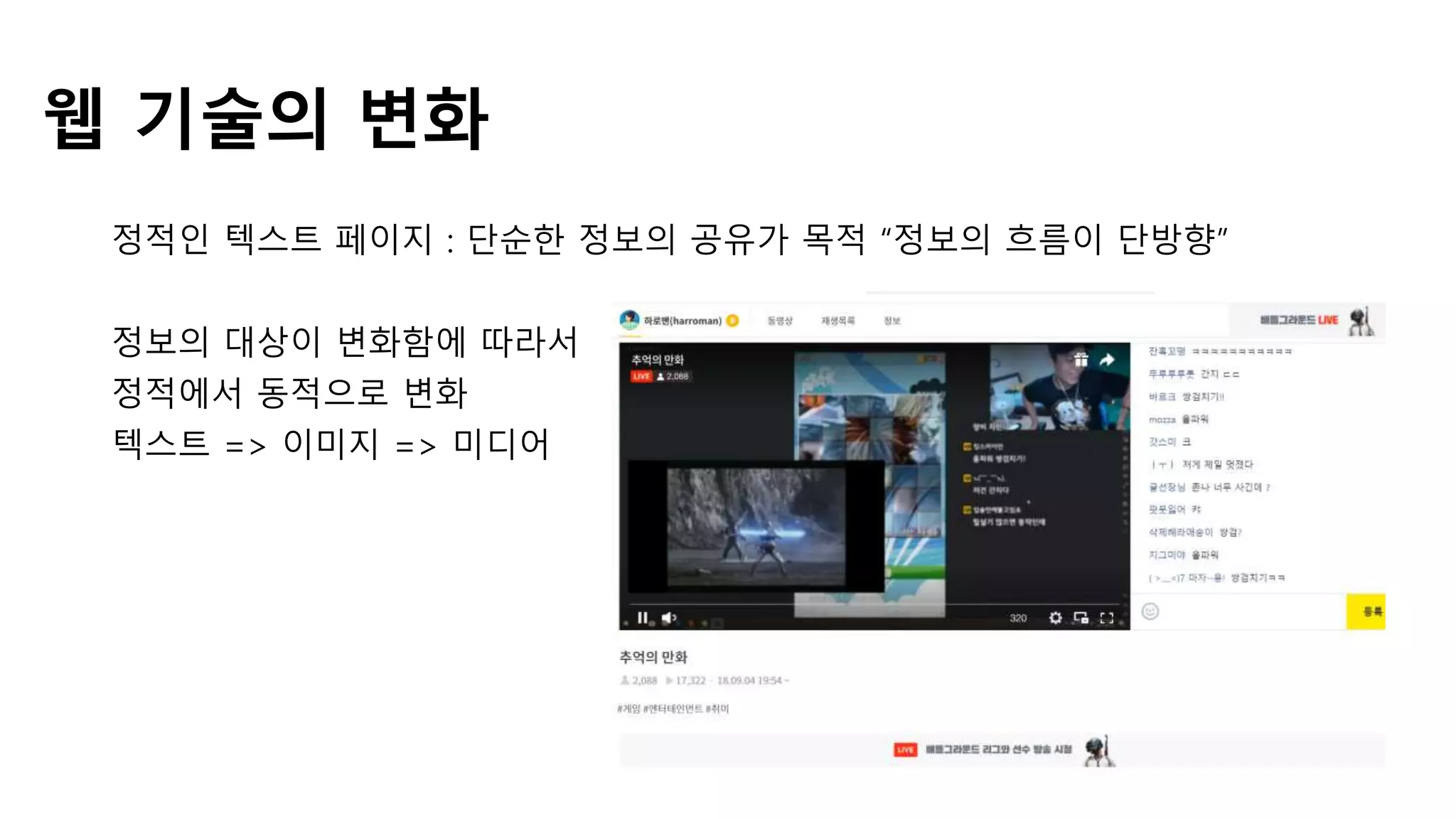 웹 기술의 변화
정적인 텍스트 페이지 : 단순한 정보의 공유가 목적 “정보의 흐름이 단방향”
정보의 대상이 변화함에 따라서
정적에서 동적으로 변화
텍스트 => 이미지 => 미디어
 