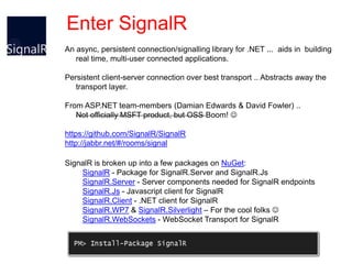 Enter SignalR
An async, persistent connection/signalling library for .NET ... aids in building
   real time, multi-user connected applications.

Persistent client-server connection over best transport .. Abstracts away the
   transport layer.

From ASP.NET team-members (Damian Edwards & David Fowler) ..
   Not officially MSFT product, but OSS Boom! 

https://github.com/SignalR/SignalR
http://jabbr.net/#/rooms/signal

SignalR is broken up into a few packages on NuGet:
    SignalR - Package for SignalR.Server and SignalR.Js
    SignalR.Server - Server components needed for SignalR endpoints
    SignalR.Js - Javascript client for SignalR
    SignalR.Client - .NET client for SignalR
    SignalR.WP7 & SignalR.Silverlight – For the cool folks 
    SignalR.WebSockets - WebSocket Transport for SignalR
 