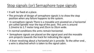 Stop signals (or) Semaphore type signals
• It will be fixed at a place.
• The principle of design of semaphore signals is to show the stop
position when any failure happens to the system.
• In semaphore signals There is a movable arm pivoted on a horizontal
pin called Spindle near the top of the post. This arm is around
1.2metre to 1.7 meter long and 25cm to 35cm wide.
• In normal conditions the arms remain horizontal.
• Semaphore signals are placed on the signal post and the movable
arm projects towards the track for indicating the signal.
• A lever revolving about a horizontal pin is provide. To the other end ,
a wire is attached which is taken to the signal cabin.
Wednesday, 09 August 2017 GEORGE ZACHARIA 11
 
