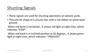 Shunting Signals
• These signals are used for shunting operations at stations yards.
• They are oh shape of a circular disc with a red ribbon on white back
ground.
When red band is horizontal , It shows red light at night time, which
indicates “STOP”.
When red band is in inclined position at 45 degrees , It shows green
light at night time, which indicates “ PROCEED”.
Wednesday, 09 August 2017 GEORGE ZACHARIA 17
 