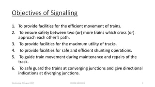 Objectives of Signalling
1. To provide facilities for the efficient movement of trains.
2. To ensure safety between two (or) more trains which cross (or)
approach each other’s path.
3. To provide facilities for the maximum utility of tracks.
4. To provide facilities for safe and efficient shunting operations.
5. To guide train movement during maintenance and repairs of the
track.
6. To safe guard the trains at converging junctions and give directional
indications at diverging junctions.
Wednesday, 09 August 2017 GEORGE ZACHARIA 3
 