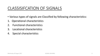 CLASSISIFCATION OF SIGNALS
• Various types of signals are Classified by following characteristics:
1. Operational characteristics
2. Functional characteristics
3. Locational characteristics
4. Special characteristics
Wednesday, 09 August 2017 GEORGE ZACHARIA 6
 