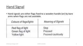 Hand Signal
• Hand signals are either flags fixed to a wooden handle (or) by bare
arms when flags are not available.
Wednesday, 09 August 2017 GEORGE ZACHARIA 9
 