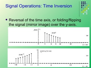Signal Operations: Time Inversion
 Reversal

of the time axis, or folding/flipping
the signal (mirror image) over the y-axis.

38

 