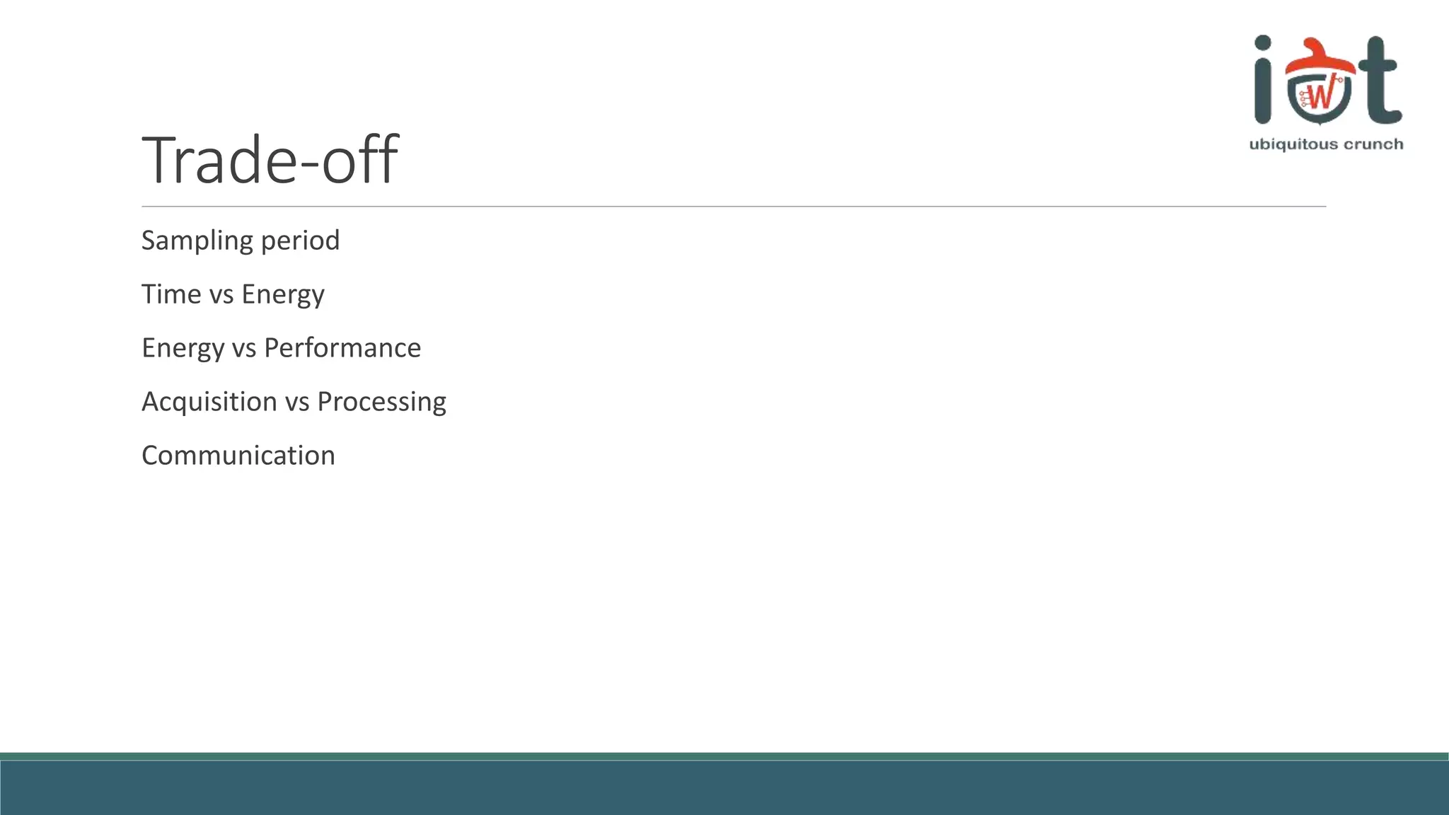 Trade-off
Sampling period
Time vs Energy
Energy vs Performance
Acquisition vs Processing
Communication
 