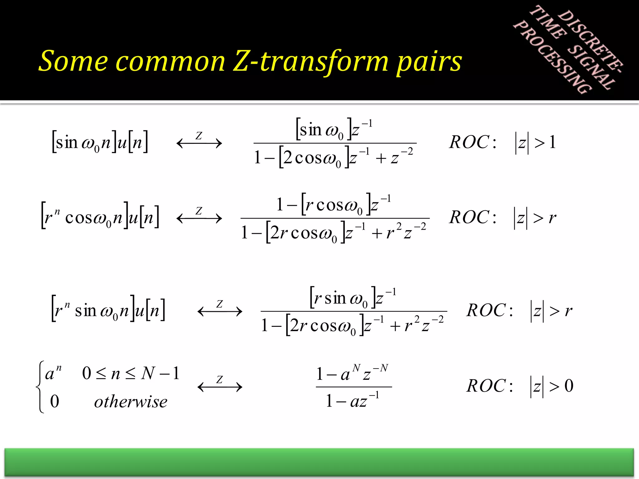      
 
0
:
1
1
0
1
0
:
cos
2
1
sin
sin
1
2
2
1
0
1
0
0







 












z
ROC
az
z
a
otherwise
N
n
a
r
z
ROC
z
r
z
r
z
r
n
u
n
r
N
N
Z
n
Z
n



     
 
     
 
r
z
ROC
z
r
z
r
z
r
n
u
n
r
z
ROC
z
z
z
n
u
n
Z
n
Z

















:
cos
2
1
cos
1
cos
1
:
cos
2
1
sin
sin
2
2
1
0
1
0
0
2
1
0
1
0
0






Some common Z-transform pairs
 