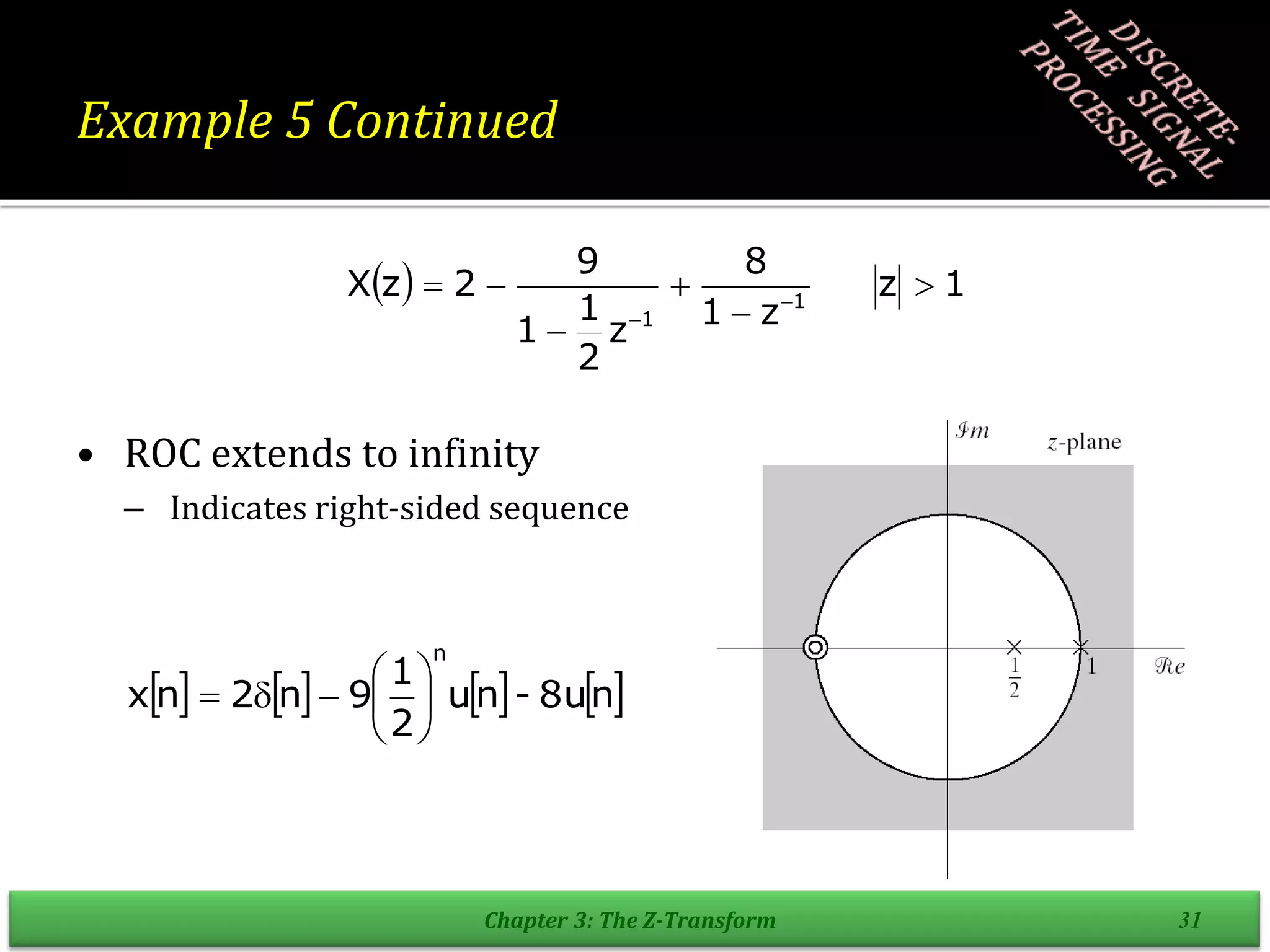 Example 5 Continued
• ROC extends to infinity
– Indicates right-sided sequence
Chapter 3: The Z-Transform 31
  1
z
z
1
8
z
2
1
1
9
2
z
X 1
1





 

       
n
8u
-
n
u
2
1
9
n
2
n
x
n









 