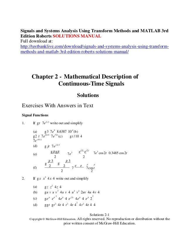 Signals And Systems Analysis Using Transform Methods And Matlab 3rd E