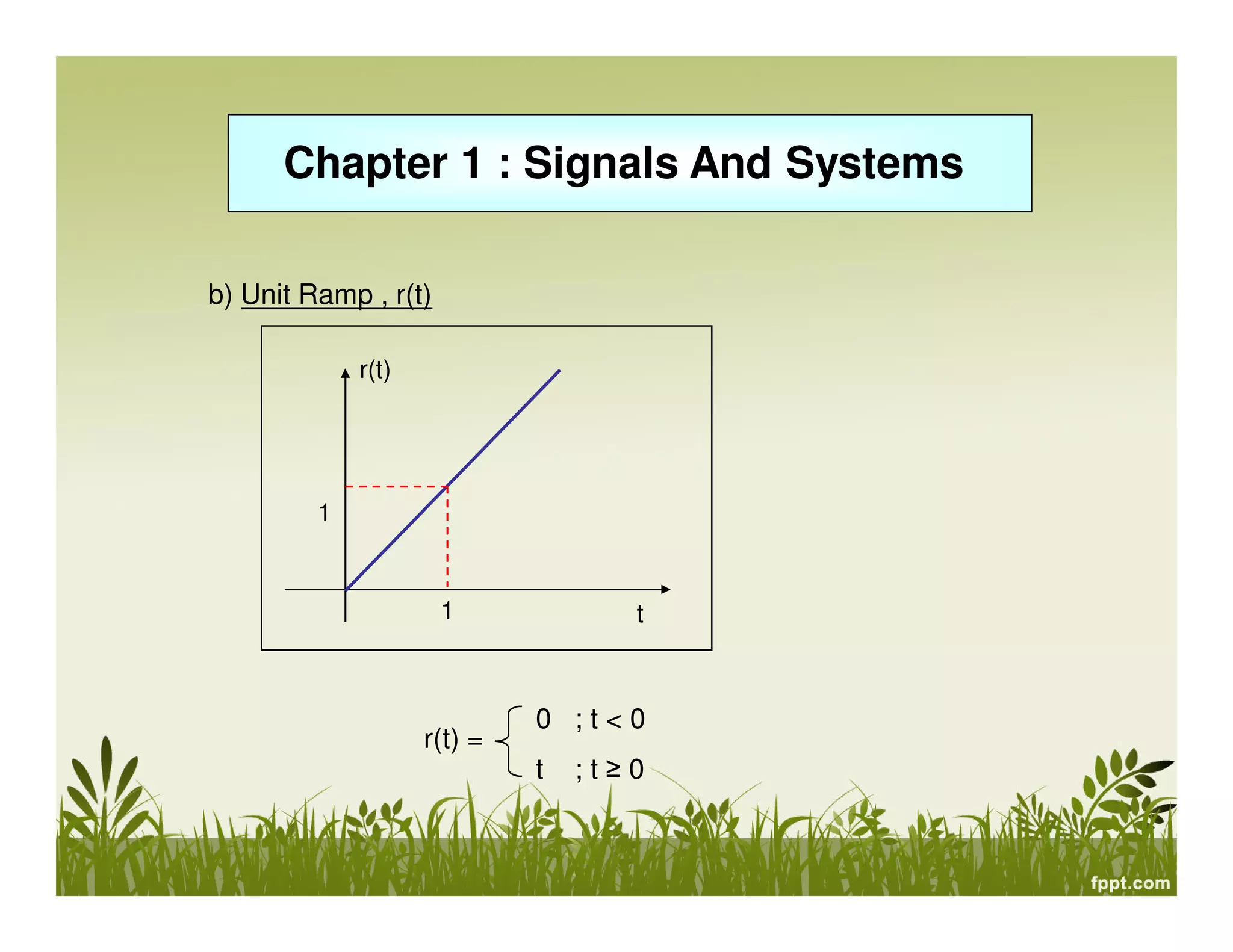 Chapter 1 : Signals And Systems
b) Unit Ramp , r(t)
r(t)

1

1

r(t) =

t

0 ;t<0
t

;t≥0

 