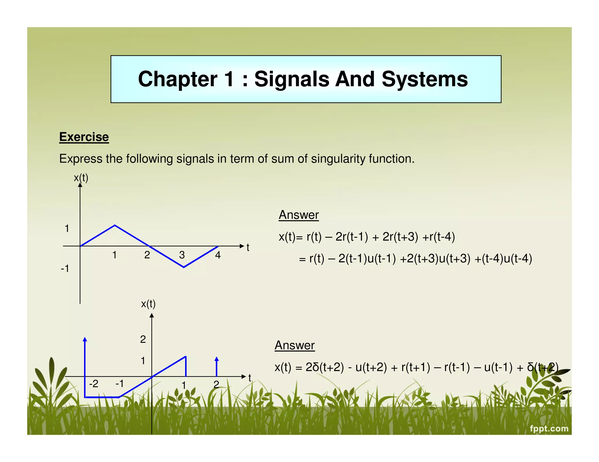Chapter 1 : Signals And Systems
Exercise
Express the following signals in term of sum of singularity function.
x(t)

Answer
1
1

2

3

4

t

x(t)= r(t) – 2r(t-1) + 2r(t+3) +r(t-4)
= r(t) – 2(t-1)u(t-1) +2(t+3)u(t+3) +(t-4)u(t-4)

-1
x(t)
2

Answer

1
-2

-1

1

2

t

x(t) = 2δ(t+2) - u(t+2) + r(t+1) – r(t-1) – u(t-1) + δ(t+2)

 