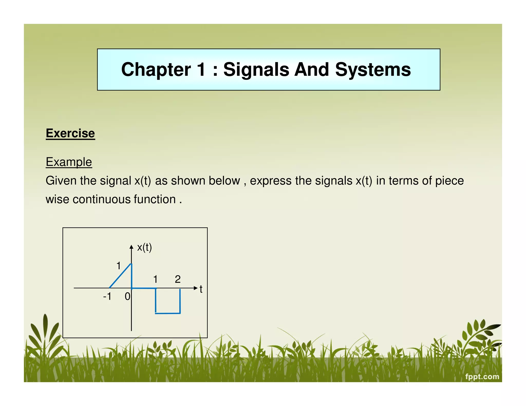 Chapter 1 : Signals And Systems

Exercise
Example
Given the signal x(t) as shown below , express the signals x(t) in terms of piece
wise continuous function .

x(t)
1
1
-1

0

2

t

 