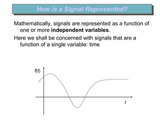 How is a Signal Represented?
Mathematically, signals are represented as a function of
one or more independent variables.
Here we shall be concerned with signals that are a
function of a single variable: time
t
f(t)
 