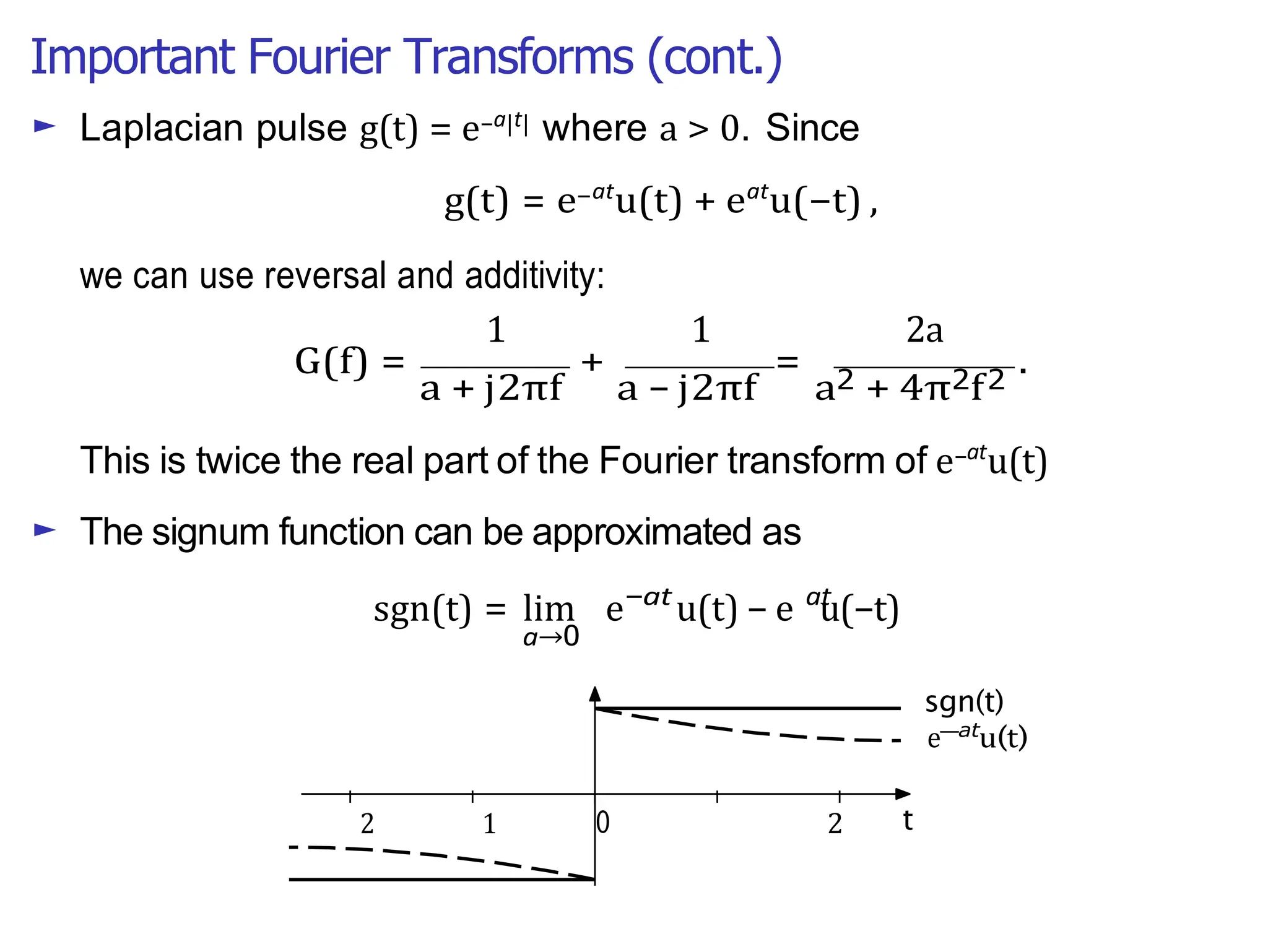 Important Fourier Transforms (cont.)
sgn(t) lim e u(t) − e u(−t)
sgn(t)
2 t
► Laplacian pulse g(t) = e−a|t| where a > 0. Since
g(t) = e−at
u(t) + eat
u(−t) ,
we can use reversal and additivity:
1 1 2a
G(f) =
a + j2πf
+
a − j2πf
=
a2 + 4π2f2
.
This is twice the real part of the Fourier transform of e−at
u(t)
► The signum function can be approximated as
 