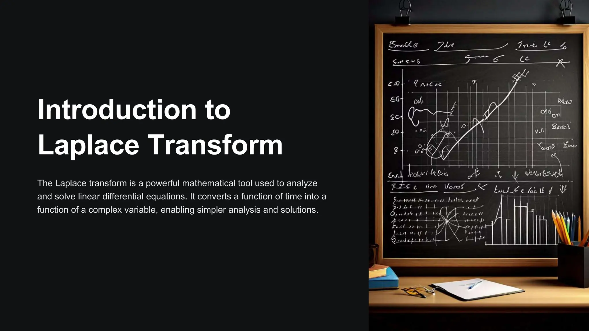 Introduction to
Laplace Transform
The Laplace transform is a powerful mathematical tool used to analyze
and solve linear differential equations. It converts a function of time into a
function of a complex variable, enabling simpler analysis and solutions.
 