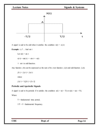 Lecture Notes Signals & Systems
CRE
C
Dept. of
ECE
Page 14
A signal is said to be odd when it satisfies the condition x(t) = -x(-t)
Example: t, t3 ... And sin t
Let x(t) = sin t
x(-t) = sin(-t) = -sin t = -x(t)
∴ sin t is odd function.
Any function ƒ(t) can be expressed as the sum of its even function ƒe(t) and odd function ƒo(t).
ƒ(t ) = ƒe(t ) + ƒ0(t )
where
ƒe(t ) = ½[ƒ(t ) +ƒ(-t )]
Periodic and Aperiodic Signals
A signal is said to be periodic if it satisfies the condition x(t) = x(t + T) or x(n) = x(n + N).
Where
T = fundamental time period,
1/T = f = fundamental frequency.
 